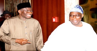File Photo: L-R: President Goodluck Jonathan and Chief Olusegun Obasanjo 