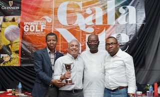 Golf Captain, Ikoyi Club, Mr Ted Iwere; Chairman, Ikoyi Club, Mr Anthony Doherty, Managing Director/Chief Executive Officer, Guinness Nigeria Plc, Mr seni Adetu; Golf Lady Captain, Ikoyi Club, Mrs Ngozi Ngoka and Corporate Relations Director, Guinness Nigeria Plc, Mr Sesan Sobowale during the opening of Guinness Bar in Ikoyi Club