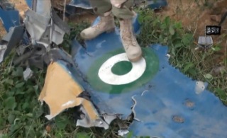 Boko Haram member standing on the wreckage of an alleged Nigerian air force jet