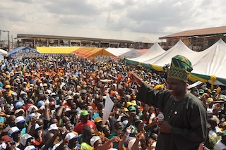 Ogun State Governor, Senator Ibikunle Amosun addressing a mammoth crowd at Ifo Local Government Area in continuation of his Assessment Tour Photo: Abiodun Onafuye
