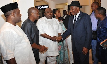 Minister of Power, Prof. Chinedu Nebo; Rep. Ndudi Elumelu; leader FCT delegation, Sen. Philip Aduda; wife of Benue State Governor, Mrs Yemisi Suswam, and Gov. Gabriel Suswam of Benue welcoming President Goodluck Jonathan at the Waldorf Astoria Hotel Jerusalem during his arrival for the 2014 Christian Pilgrimage in Jerusalem on Saturday (25/10/14)
