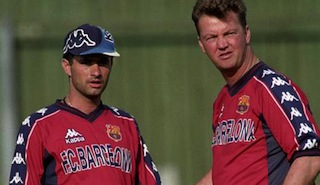 R-L: Louis van Gaal and Jose Mourinho at Barcelona during a training session