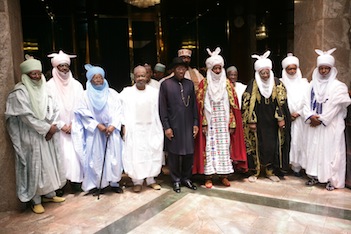 President Goodluck Jonathan (C), vice president Namadi Sambo (L), Emir Of Kano, Alhaji Mohammed Sanusi 11 with other members of the Kano Emirate Council during their visit to the State House in Abuja on Thursday 30 October 2014