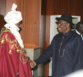 President Goodluck Jonathan shake hands with Emir Of Kano, Alhaji Mohammed Sanusi 11 during the former's visit to the State House in Abuja on Thursday 30 October 2014