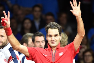 Switzerland's Roger Federer celebrates after beating France's Richard Gasquet at the Davis Cup final
