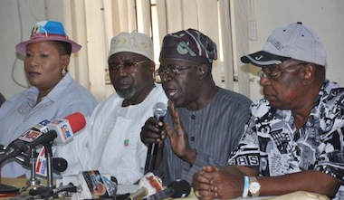 R-L: Chairman, All Progressives Congress (APC), Lagos State, Otunba Henry Oladele Ajomale; National Leader, Asiwaju Bola Tinubu; Party Chieftain, Chief Murphy Adetoro; and State Women Leader, Mrs. Kemi Nelson, during a media briefing by the leadership of the party on the shortcomings of INEC over ongoing distributions of Permanent Voters Cards, at APC Secretariat, Ogba, Lagos
