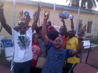 Supporters jubilate the victory of Obanikoro
