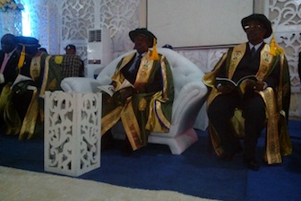 L-R: Vice Chancellor, TASUED, Prof. Oluyemisi Obilade; Visitor to the Institution and the governor of Ogun State, Senator Ibikunle Amosun and the Pro Chancellor of the institution, Prof. Olufemu Bamiro today at the convocation ceremony of the institution at Ijagun, Ogun State