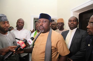 Presidencial aspirant, All Progresive Congress (APC) Rochas Okorocha aswering questions from journalists  after the presidencial aspirants screening at All Progresive Congress (APC) national secreteriat in Abuja today.