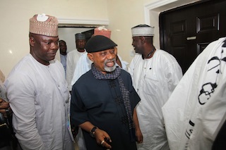 Senator Chris Ngige with other party members after the presidencial aspirants screening at All Progresive Congress (APC) national secreteriat in Abuja today.