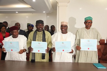 L-R: Sam Nda Isaiah, Governor Rochas Okorocha, Atiku Abubakar and General Muhammadu Buhari