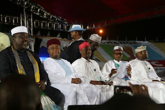 L-R: Gov. Rochas Okorocha, Sam Nda-Isaiah, Gov. Rabiu Kwankwaso, Gen. Muhammadu Buhari, Atiku Abubakar at the APC Presidential primary