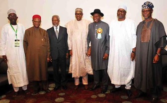 Kofi Annan (3rd left) poses with Nigeria's presidential candidates, General Muhammadu Buhari (C); President Goodluck Jonathan (3rd R) during the 2015 Elections Sensitization Workshop in Abuja today