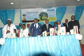 L-R: HRM Oba Ajibade Bakare-Agoro, Ranodu of Imota Kingdom; Mrs Folake Okor, acting Registrar, Caleb University; Pastor Ituah Ighodalo, Senior Pastor of Trinity House; Vice-Chancellor, Caleb University, Professor Ayodeji Olukoju; Guest Lecturer, Professor Oladele Osibanjo and Reverend (Dr) Yinka Gbotosho