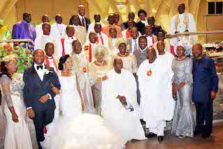 Ine, her husband, Simeon, Obasanjo, David Mark. Standing behind Mark is Pastor Enoch Adeboye of the Redeemed Church of Christ