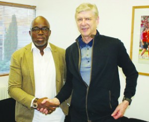 •NFF President, Amaju Pinnick (left) with Arsenal FC Manager, Arsene Wenger during the  NFF boss’s visit to Arsenal in London