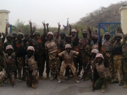 FILE PHOTO: Nigerian Troops jubilate after taking over Gwoza