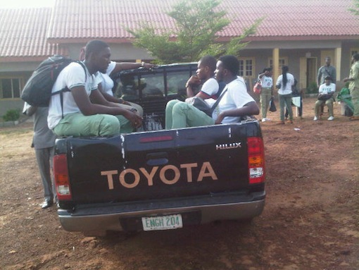Members INEC NYSC being taken to polling Unit by Trucks