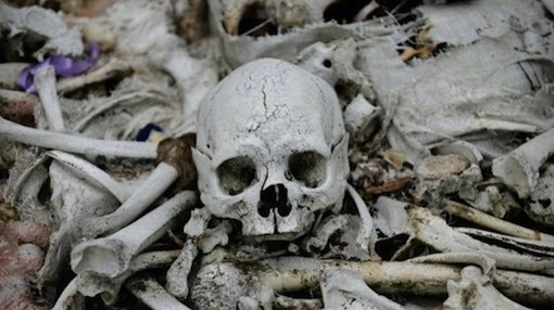 Photo of bones and skulls scattered in a cemetery