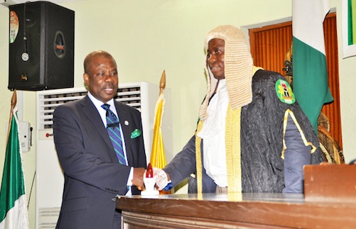 Ogun State Governor, Senator Ibikunle Amosun (left), with Speaker of the State House of Assembly, Rt. Hon Suraj Ishola Adekunbi, at the presentation
