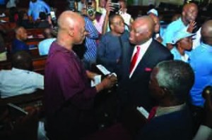 •Lagos State Governor-elect, Akinwunmi Ambode (m) with his PDP challenger Jimi Agbaje and others