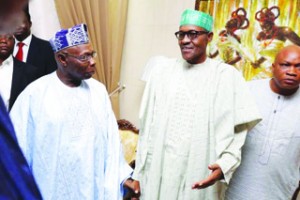 •President-elect, Muhammadu Buhari (right) with former President Olusegun Obasanjo during their meeting this morning