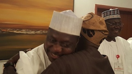 George Akume embraces Asiwaju Bola Tinubu as Lawan looks on
