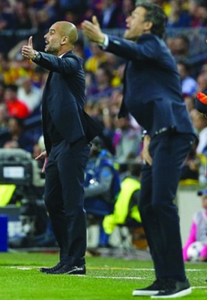 •Bayern coach, Guardiola (left) and Barca Manager, Enrique go to war tonight in Munich