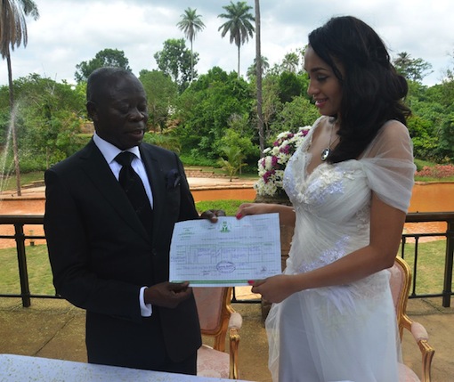 Done Deal:  Mr and Mrs Adams Oshiomhole display their marriage certificate