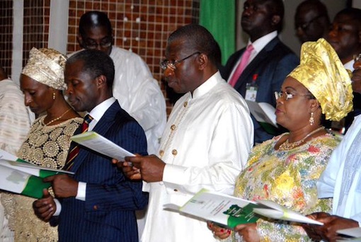 President Goodluck Jonathan (C), Patience Jonathan (R) with Mr and Mrs Yemi Osnibajo