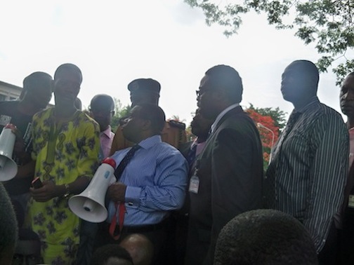 University of Ibadan Vice Chancellor, Professor Isaac Adewole (in blue shirt) addressing the students
