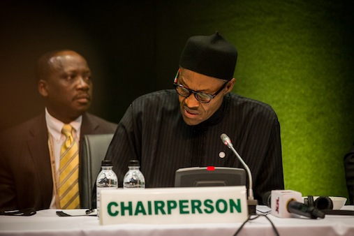 President Muhammadu Buhari chairs the meeting of the Peace and Security Council at the 25th AU Summit in Johannesburg on Saturday, 13 June 2015.