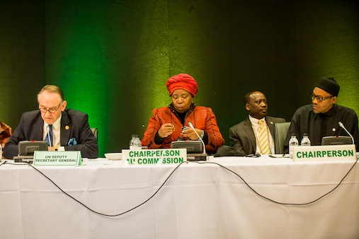 L-R: Deputy Secretary General UN Jan Eliasson, Nkosazana Dlamini-Zuma, Chairperson of African Union (AU) Commission, President Muhammadu Buhari, Commissioner for Peace and Security AU Amb. Smail Chergui.