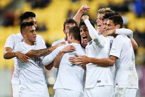New Zealand players celebrate after their 5-1 win over Myanmar