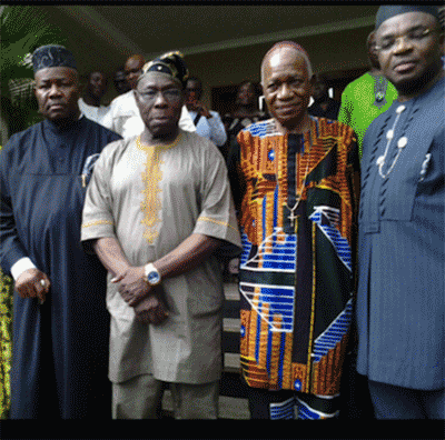 L-R: Sen.Godswill Akpabio,His Eminence Sunday Mbang, Chief Olusegun Obasanjo and Governor Emmanuel Udom of Akwa Ibom state during