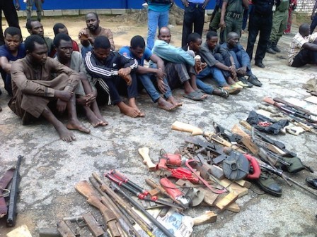 FILE PHOTO: Armed robbers in Kaduna paraded along with arms and ammunitions recovered from them
