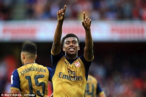 FILE PHOTO: Alex Iwobi celebrates after scoring for Arsenal