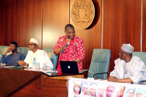 FILE PHOTO: Oby Ezekwesili addressing the audience during a meeting between BringBackOurGirls campaigners and President Muhammadu Buhari