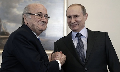 The Russian president, Vladimir Putin, right, and Fifa’s Sepp Blatter met in St Petersburg at the weekend. Photograph: Maxim Shipenkov/AP