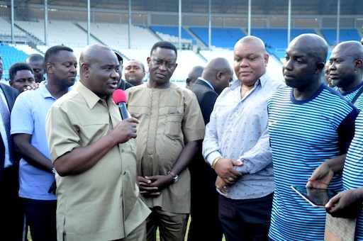Governor Wike addressing members of the technical crew of U-23 Dream Team 6 at their training ground in Adokiye Amiesimaka Stadium in Port Harcourt
