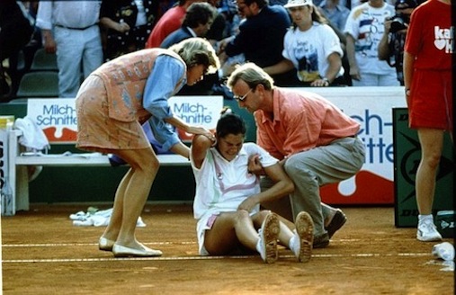 Caption: Monica Seles, the top-ranked women’s player at the time, was stabbed in the back in 1993 by a Steffi Graf fan during a changeover at a tournament in Hamburg, Germany. She stayed off court for two years and never really returned to the peak of her career until she retired.