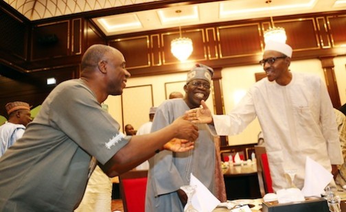 FILE PHOTO: President Muhammadu Buhari exchange pleasantry former Governor of Rivers state and Director General APC Presidential Campaign, Rotimi Amaechi  during the breaking of Ramadan fast at the Aso villa in Abuja