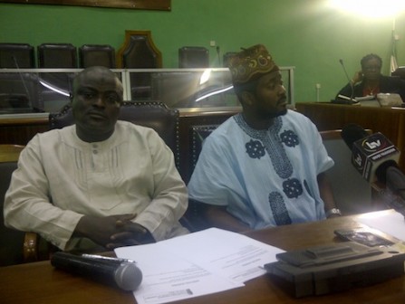 Speaker Mudashiru Obasa with lawmaker and Nollywood actor, Desmond Elliot