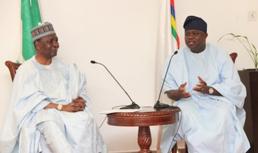 Lagos State Governor, Mr. Akinwunmi Ambode (right) with the former military Head of State, Gen. Yakubu Gowon, rtd. (left) during a courtesy visit to the Governor by the former military Head of State and Coordinators of Nigeria Prays at the Lagos House, Ikeja, on Friday, August 14, 2015