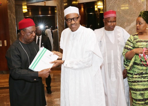 President Buhari receives  RMAFC report on cost of governance, from Chairman, Elias Mbam