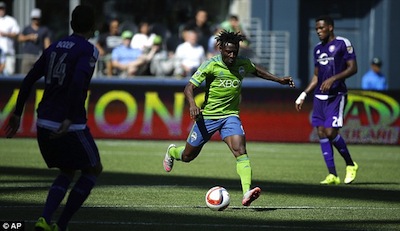 Obafemi Martins (middle) scores a goal for Seattle Sounders against Orlando City in the MLS on Sunday. PHOTO, Daily Mail