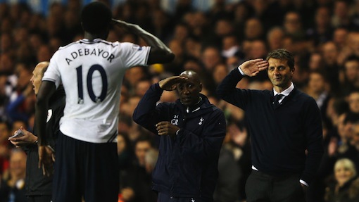 Emmanuel Adebayor shares a salute with Tim Sherwood (R) and Chris Ramsey (L) when the trio were at Tottenham