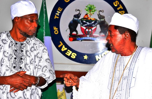 Governor, State of Osun, Ogbeni Rauf Aregbesola discussing with the Alaafin of Oyo, Oba Lamidi Adeyemi, during a condolence visit on the demise of the Ooni of Ife, Oba Okunade Sijuwade, at Government House Osogbo, on Monday 07/09/2015