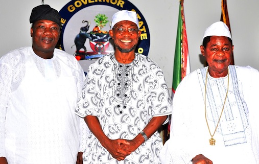 Governor, State of Osun, Ogbeni Rauf Aregbesola (middle);  the Alaafin of Oyo, Oba Lamidi Adeyemi (right) and Speaker of the House of Assembly, Hon. Najeem Salam, during a condolence visit to the governor on the demise of the Ooni of Ife, Oba Okunade Sijuwade, at Government House Osogbo, on Monday 07/09/2015