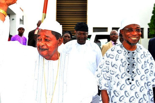 Ogbeni Rauf Aregbesola;  Speaker of the State House of Assembly, Hon. Najeem Salam and the Alaafin of Oyo, Oba Lamidi Adeyemi